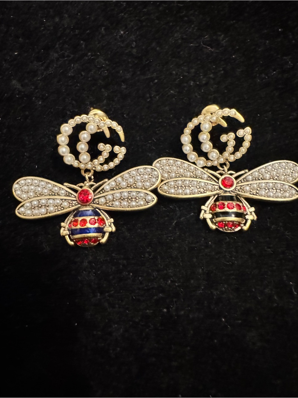 Gucci Gold Bee Drop Earrings with Pearl GG and Red Accents - Picture 2 of 4